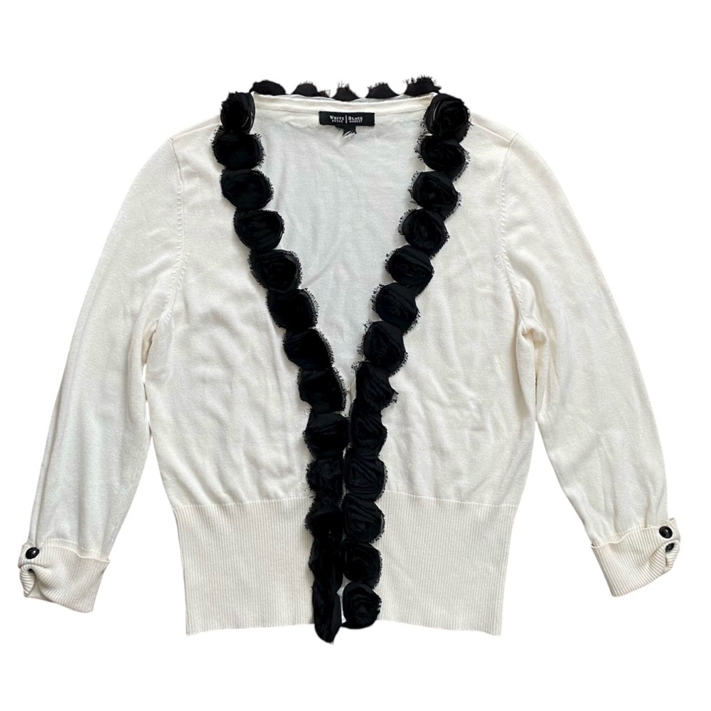White House Black Market Cream Cardigan with Black Rosette Trim Women’s Small